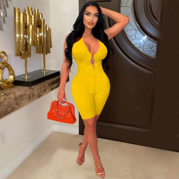 Fashion Women's Solid Color Open Back V-Neck Sleeveless Shorts Jumpsuit