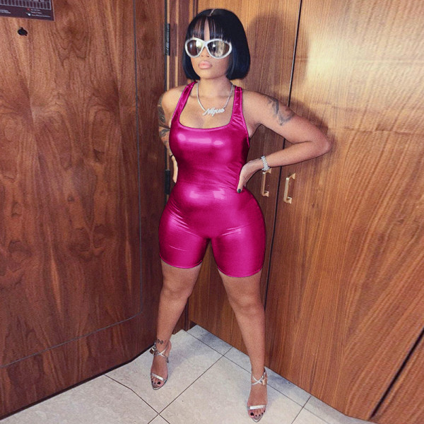 Women's Solid Metallic Sexy Open Back Short Casual Jumpsuit