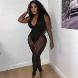 Sexy Perspective Fishing Net Cutout Solid High Waist Tight Casual Jumpsuit