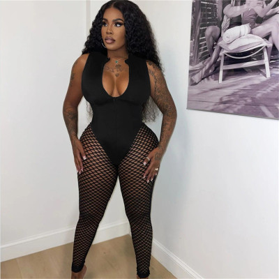 Sexy Perspective Fishing Net Cutout Solid High Waist Tight Casual Jumpsuit