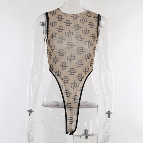 Sexy Print Trendy Sleeveless Contrast Tight Casual Spicy Girls One Piece Top
