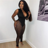 Sexy Perspective Fishing Net Cutout Solid High Waist Tight Casual Jumpsuit