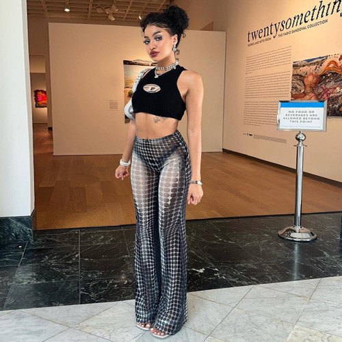 High Waist Wave Point Perspective Straight Leg Pants Street Spicy Girl Hip Lift Slightly Ragged Casual Pants