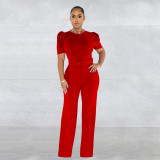 Fashion Women's Solid Color Belt Chain Short Sleeve Pants Jumpsuit