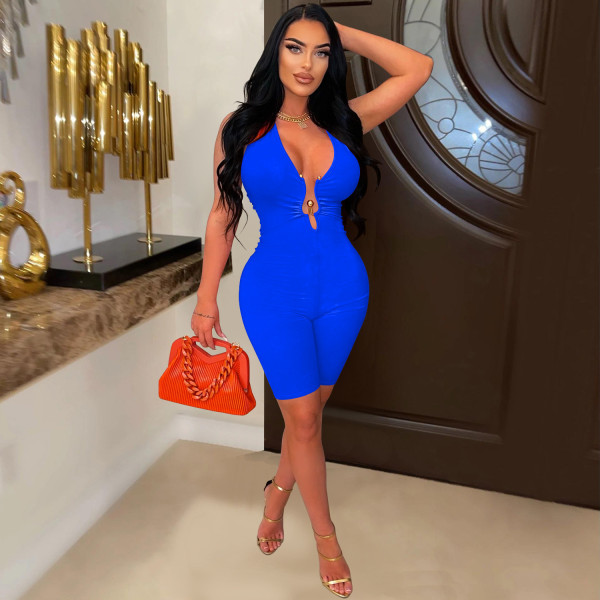 Fashion Women's Solid Color Open Back V-Neck Sleeveless Shorts Jumpsuit