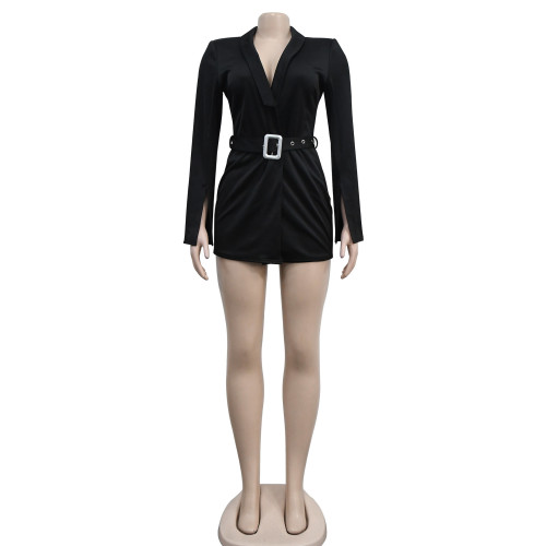 Fashion Women's Solid Color Belt V-Neck Long Sleeve Shorts Jumpsuit