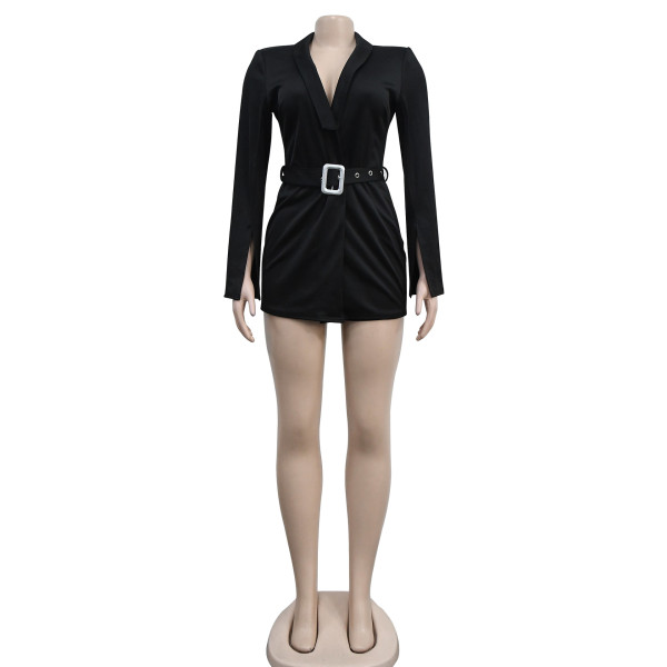 Fashion Women's Solid Color Belt V-Neck Long Sleeve Shorts Jumpsuit