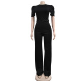 Fashion Women's Solid Color Belt Chain Short Sleeve Pants Jumpsuit