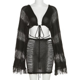 Women's Fashion Solid Color Long Sleeve Lace Up Cardigan Loose Tassel Top