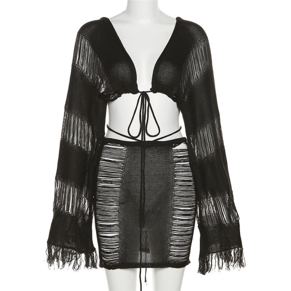 Women's Fashion Solid Color Long Sleeve Lace Up Cardigan Loose Tassel Top