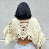 Fashion Irregular Cut Out Tassel Pullover Knit Overwear Loose Top