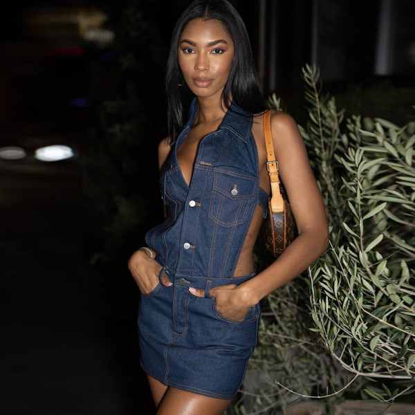 Women's Denim Dress Sexy Open Back Wash Shirt Collar Dress