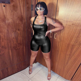 Women's Solid Metallic Sexy Open Back Short Casual Jumpsuit