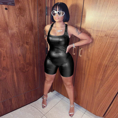 Women's Solid Metallic Sexy Open Back Short Casual Jumpsuit