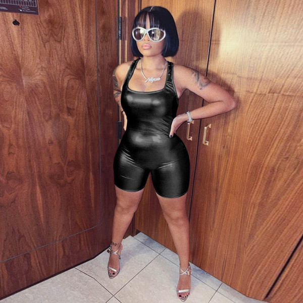 Women's Solid Metallic Sexy Open Back Short Casual Jumpsuit