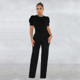 Fashion Women's Solid Color Belt Chain Short Sleeve Pants Jumpsuit