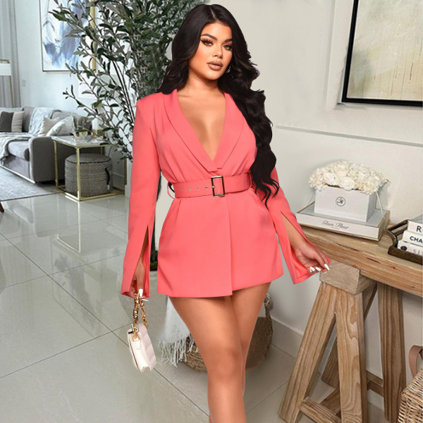 Fashion Women's Solid Color Belt V-Neck Long Sleeve Shorts Jumpsuit