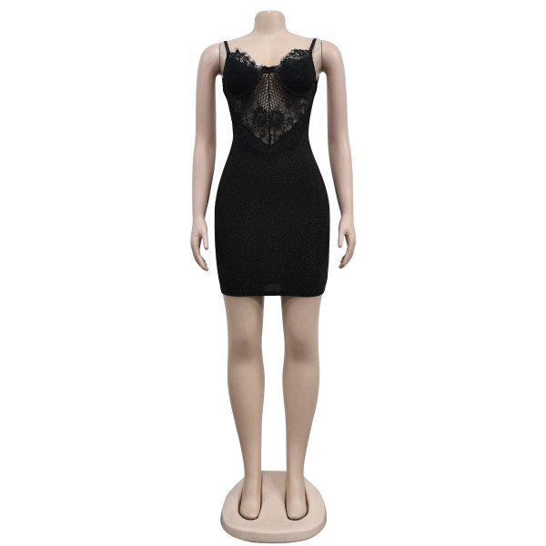 Fashion Women's Solid Color Sleeveless Short Skirt Flower Mesh Shoulder Strap Dress