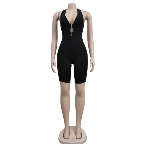 Fashion Women's Solid Color Open Back V-Neck Sleeveless Shorts Jumpsuit