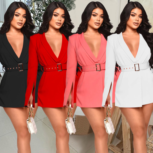 Fashion Women's Solid Color Belt V-Neck Long Sleeve Shorts Jumpsuit