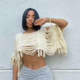 Fashion Irregular Cut Out Tassel Pullover Knit Overwear Loose Top