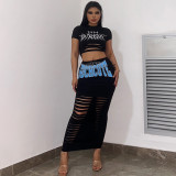 Hollow Out Open Umbilical T-shirt Vintage Print Letter Half Skirt Set