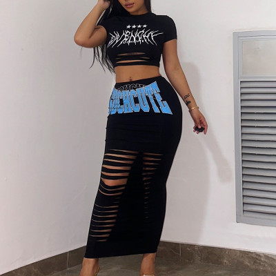 Hollow Out Open Umbilical T-shirt Vintage Print Letter Half Skirt Set