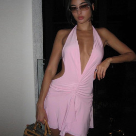 Hanging neck lace up sleeveless sexy cut-out backpack hip skirt