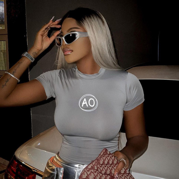 Round Neck Tight Letter Print Simple Casual Short Sleeve T-Shirt