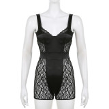 Fashion Clear Color Satin Lace Patch Sexy Tight Strap One Piece Shorts