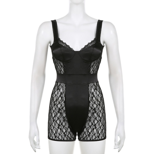 Fashion Clear Color Satin Lace Patch Sexy Tight Strap One Piece Shorts