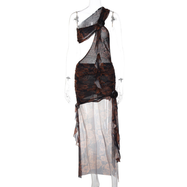 Fashion printed women's sexy diagonal shoulder panel wooden ear lace up irregular dress