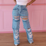 Women's Fashion Pocket Panel Cutout Hole Beggar Style Street Casual Straight Barrel High Waist Jeans