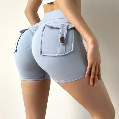 Honey Peach Hip Work Suit Tight Shorts Women's High Waist Elastic Hip Lift Button Yoga Pants Quick Dry Running Fitness Pants