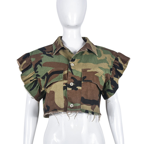 Camo Women's Ruffle Lace Sleeve Pocket Personalized Cardigan Outdoor Short Sleeve Women's Jacket