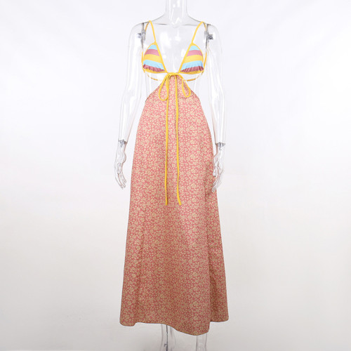 Fragmented Flower Panel Design Sexy Slim Fit Spicy Girl Open Back Strap Dress