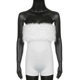Thoracic Fur Spliced Solid Flat Neck Basic Bodysuit Shorts