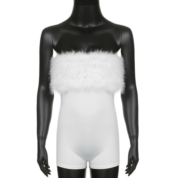 Thoracic Fur Spliced Solid Flat Neck Basic Bodysuit Shorts