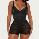 Fashion Clear Color Satin Lace Patch Sexy Tight Strap One Piece Shorts