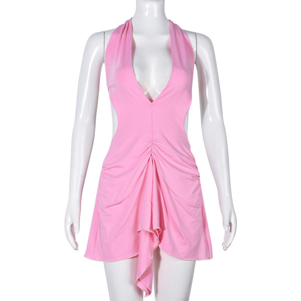 Hanging neck lace up sleeveless sexy cut-out backpack hip skirt
