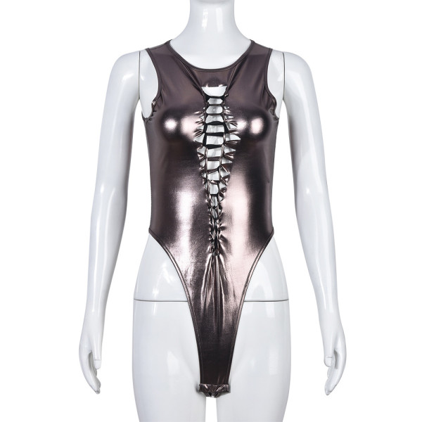 Tight sexy cut-out U-neck strapping metallic jumpsuit