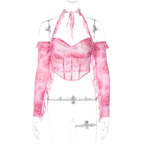 Fashion printed women's ear lace up neck wrap chest net