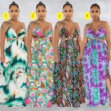Women's printed chain sleeveless suspender long dress dress