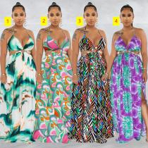 Women's printed chain sleeveless suspender long dress dress