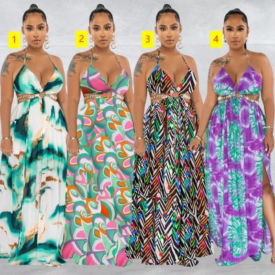 Women's printed chain sleeveless suspender long dress dress