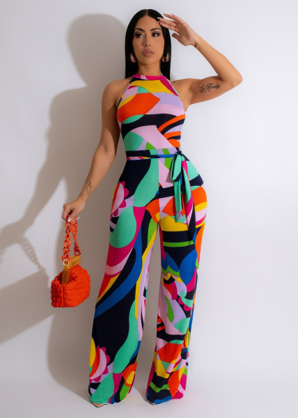 Sleeveless button print strap straight sexy jumpsuit