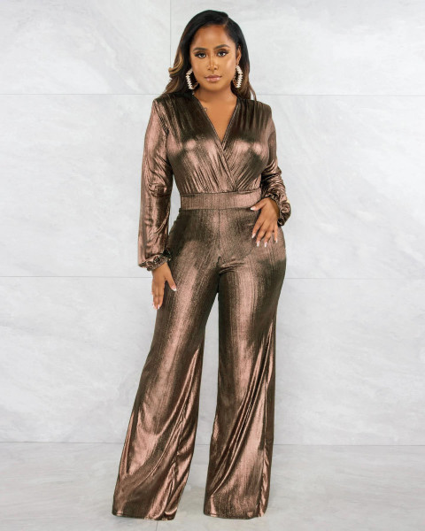 Sexy V-neck high elastic gold and silver ironing women's jumpsuit