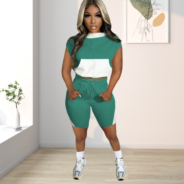 Contrast color hooded sweater pants two-piece set