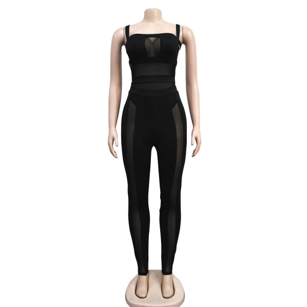 Women's solid color mesh sleeveless long pants with suspender jumpsuit