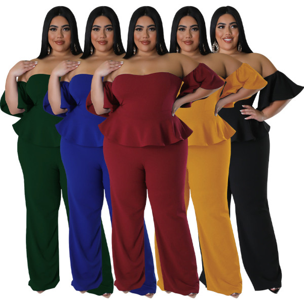 Women's sexy off shoulder short sleeved wide leg stretch jumpsuit